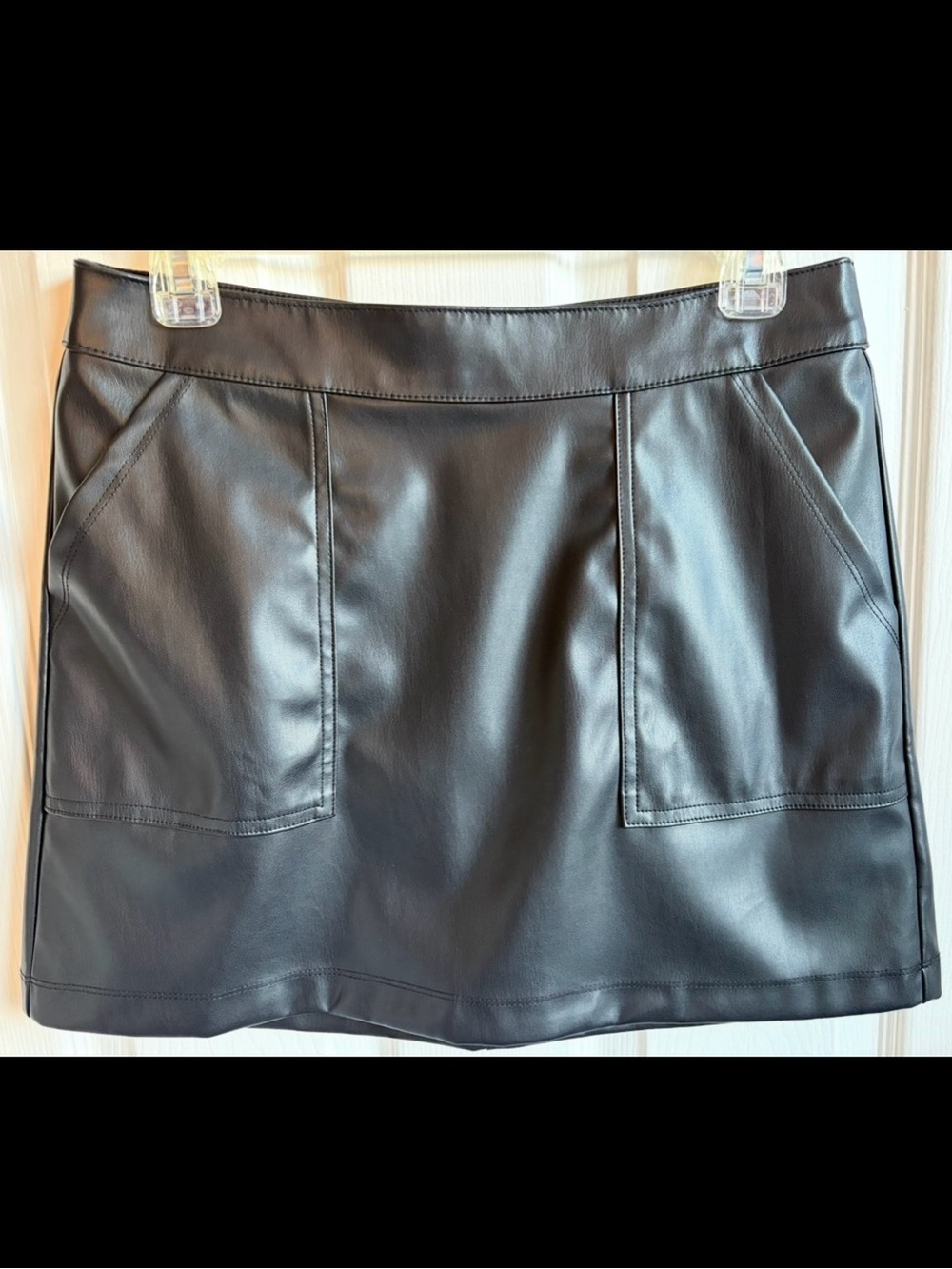 A New Day Black Faux Leather Mini Skirt with Front Pockets, Size Small NWOT